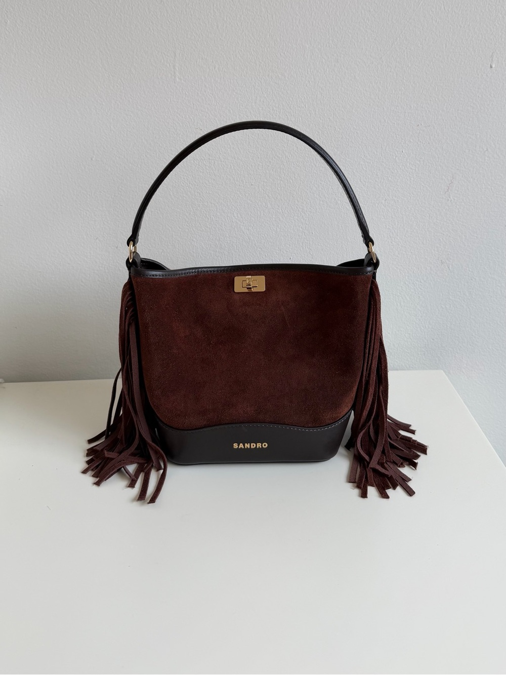 Sandro mini Tangoso Dark Brown Suede Fringe Shoulder Bag - Picture 3 of 10